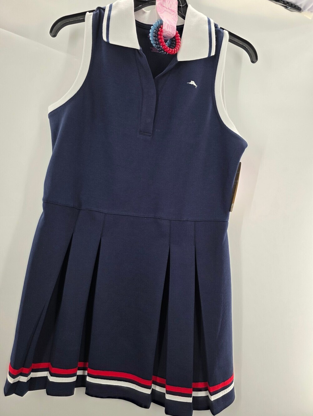Tommy Bahama Active Navy Blue Sleeveless Tennis Dress with White Shorts and Hair